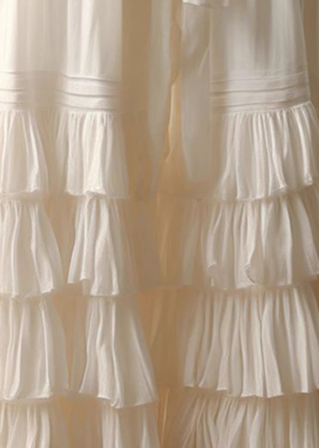 Stylish White Layered Ruffled Lace Up Patchwork Tulle Skirt Summer