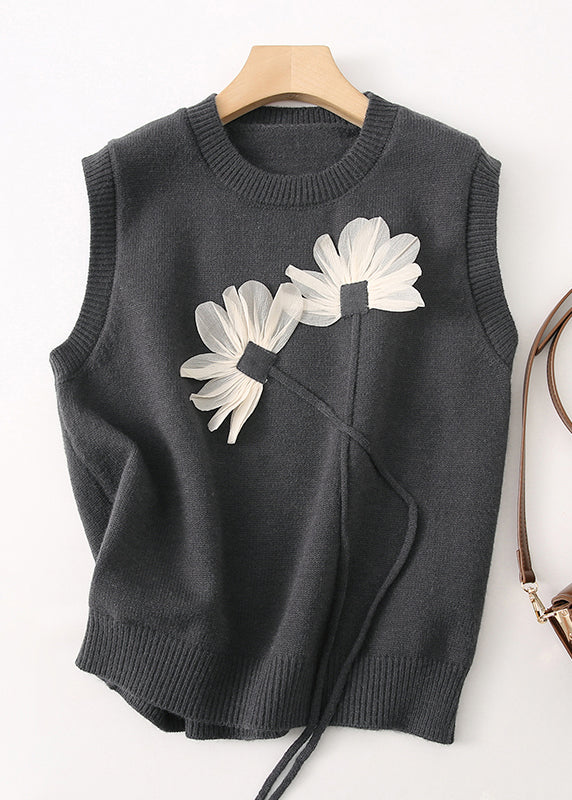 Stylish Black O Neck Floral Patchwork Knit Vest Tops Sleeveless