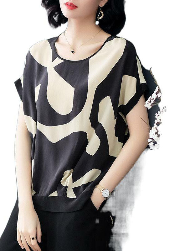 Stylish Black O-Neck Print Low High Design Chiffon Tanks Short Sleeve