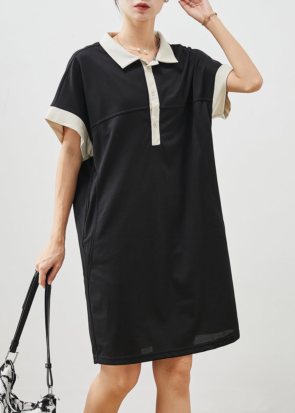 Stylish Black Oversized Pockets Cotton Pullover Streetwear Dress Summer