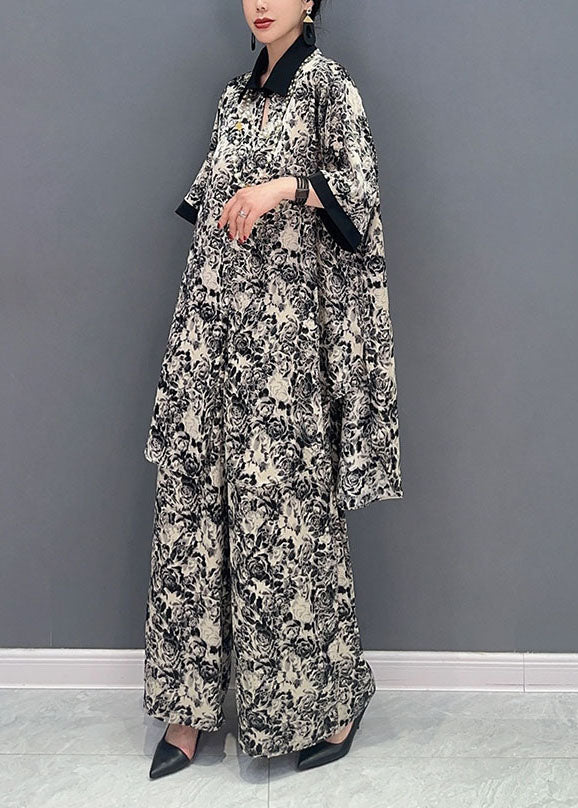 Stylish Black Print Oversized Draping Chiffon Two Pieces Set Summer