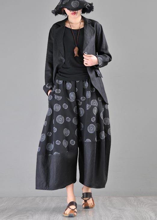 Stylish Black Print asymmetrical design Cotton Linen Wide Leg Pants Summer