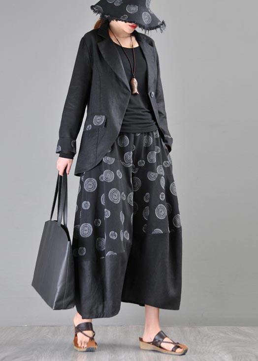 Stylish Black Print asymmetrical design Cotton Linen Wide Leg Pants Summer