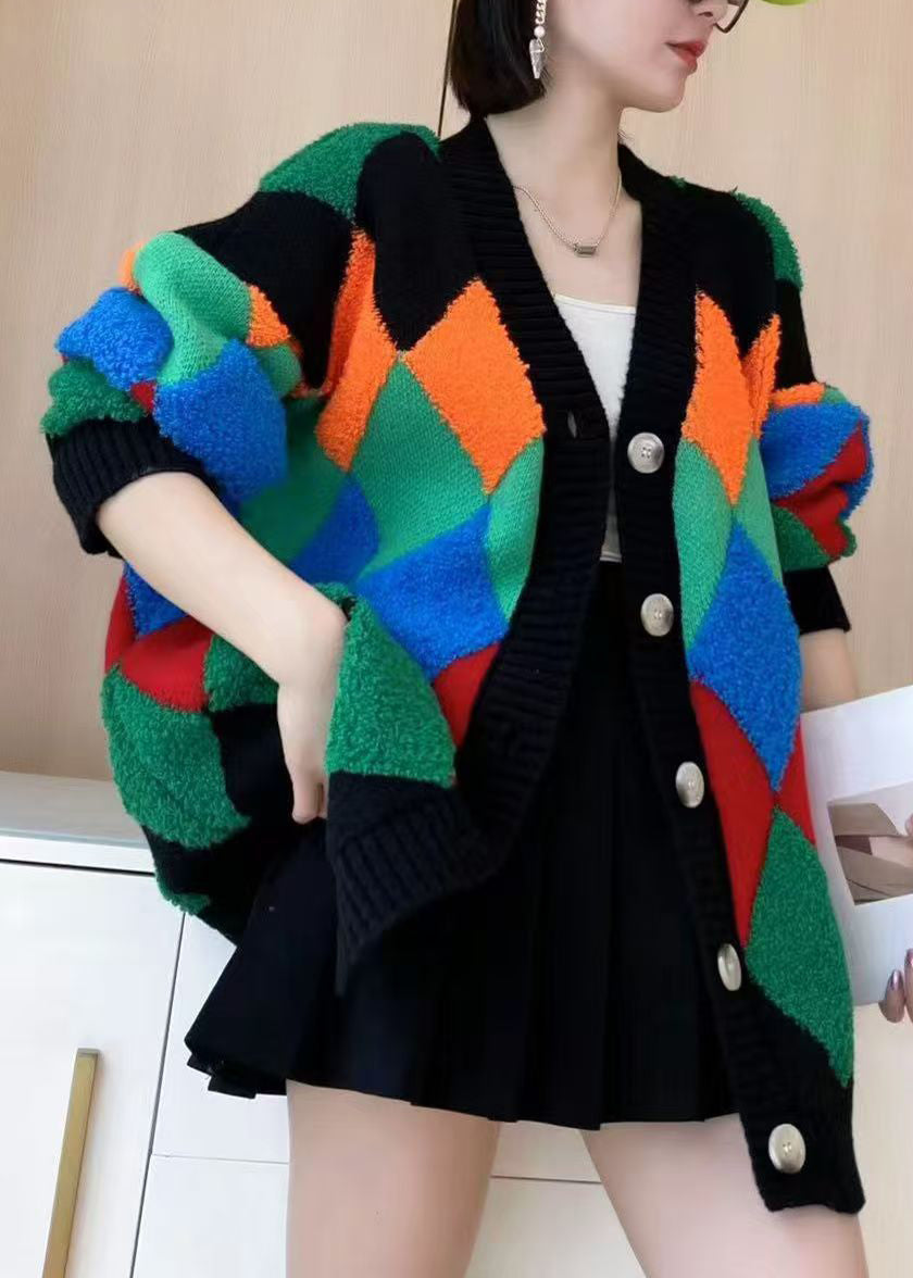 Stylish Black V Neck Geometric Patchwork Knit Cardigan Spring