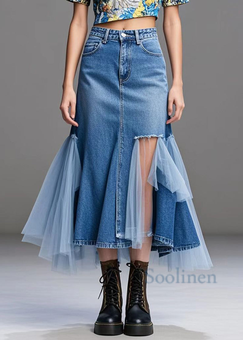 Stylish Blue Asymmetrical Patchwork Tulle Denim Ripped Skirts Fall