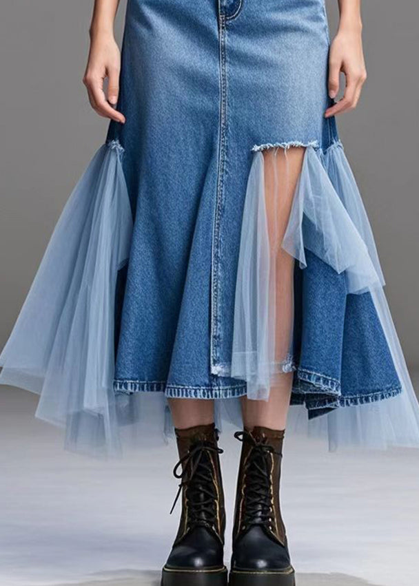 Stylish Blue Asymmetrical Patchwork Tulle Denim Ripped Skirts Fall