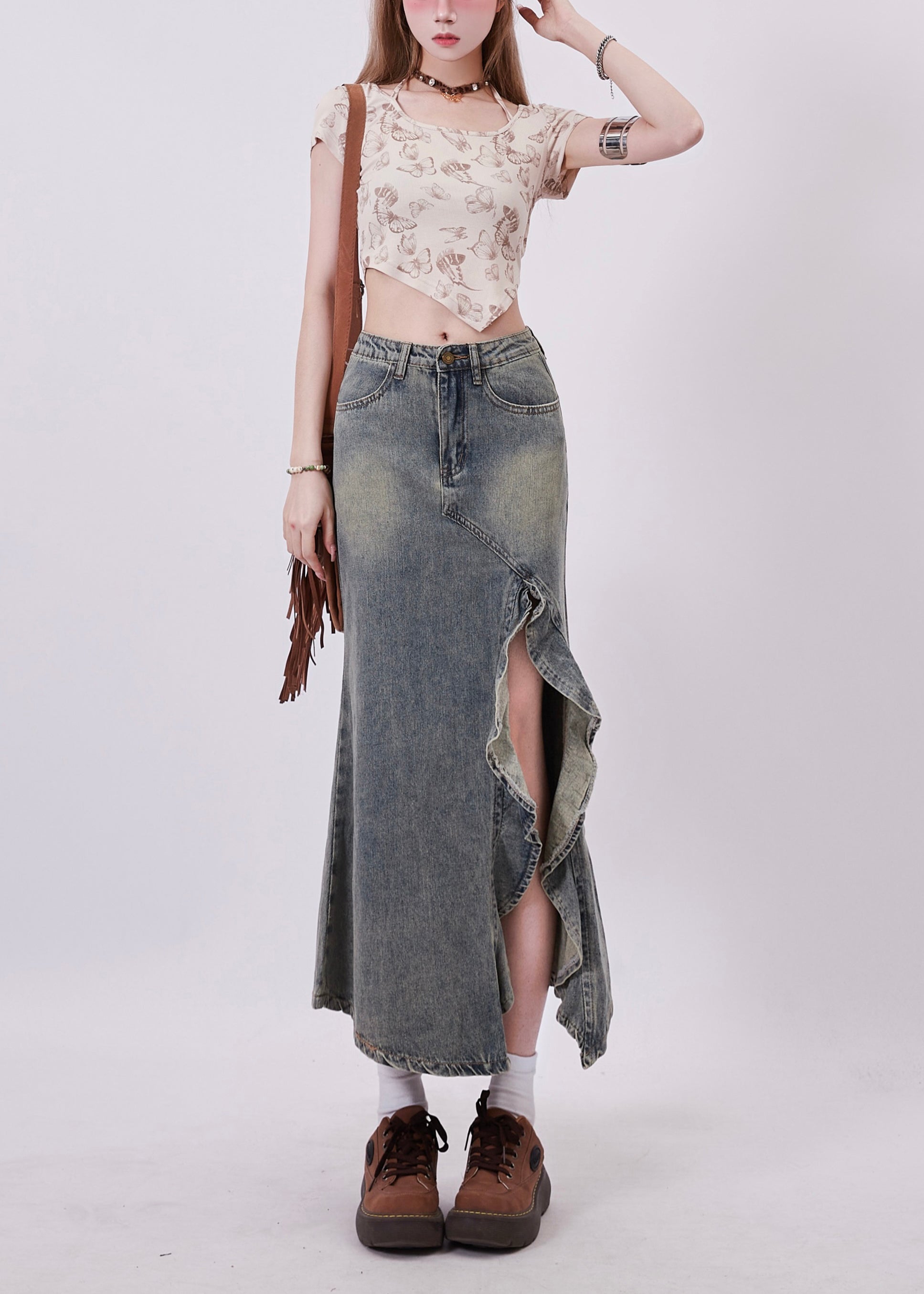 Stylish Blue Asymmetrical Side Open Denim Skirts Spring