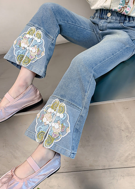 Stylish Blue Embroideried Patchwork Pockets Girls Denim Pants