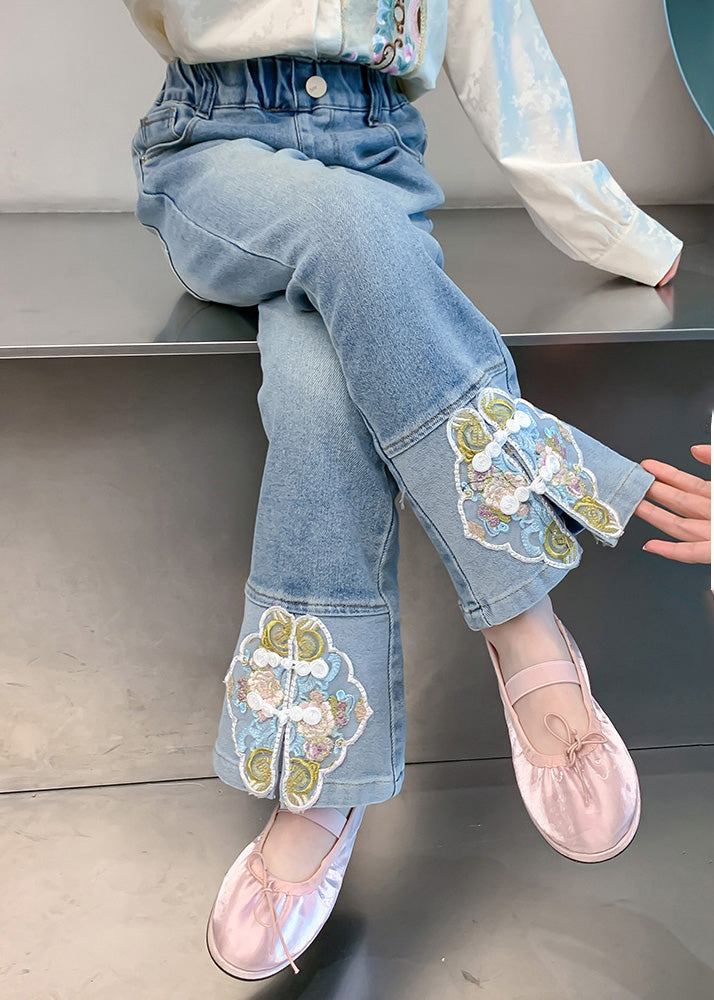 Stylish Blue Embroideried Patchwork Pockets Girls Denim Pants