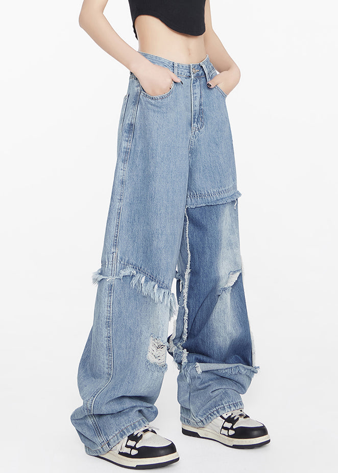 Stylish Blue High Waist Hole Patchwork Denim Pants Spring