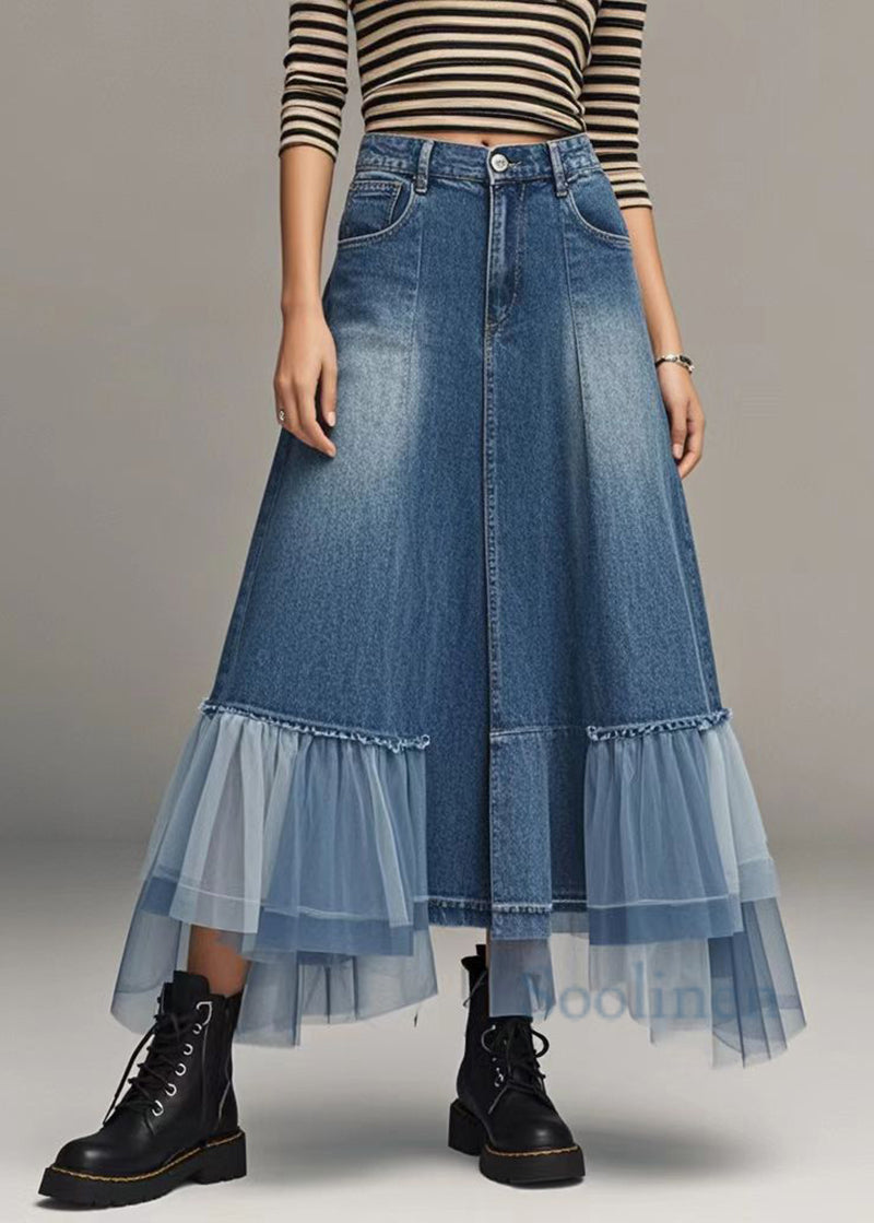 Stylish Blue High Waist Patchwork Tulle Denim A Line Skirts Spring