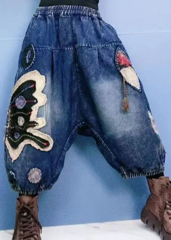 Stylish Blue Pockets Elastic Waist Patchwork Denim Crop Pants Spring