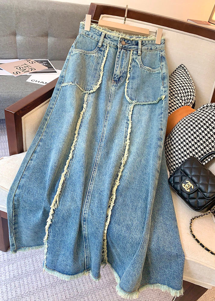 Stylish Blue Pockets High Waist Patchwork Denim Skirts Summer