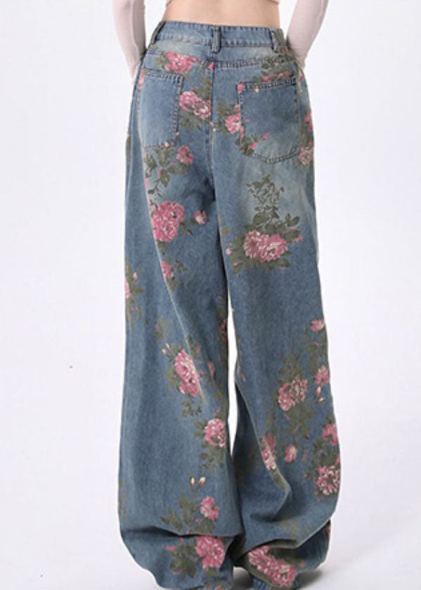 Stylish Blue Pockets Print Denim Straight Pants Spring