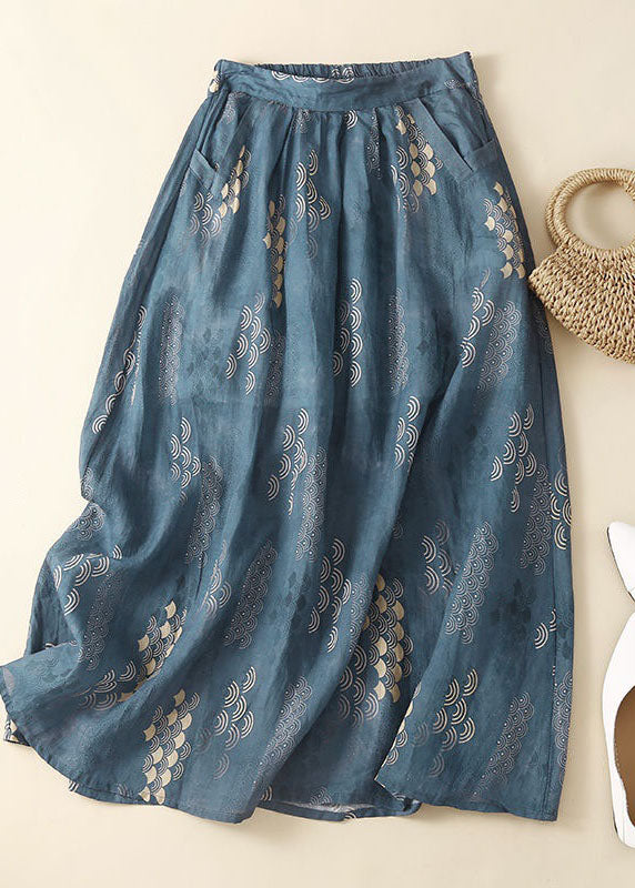 Stylish Blue Wrinkled Print Patchwork Linen Skirt Summer