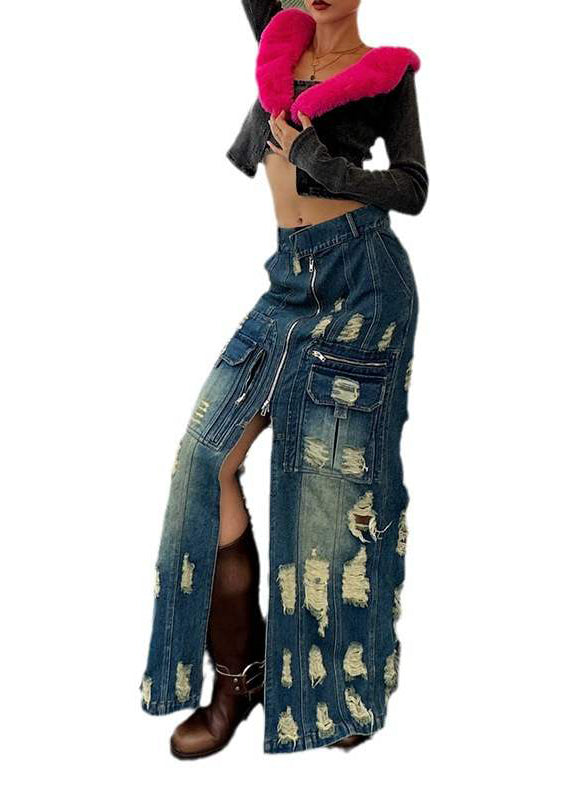 Stylish Blue Zip Up Patchwork Ripped Denim Skirts Spring