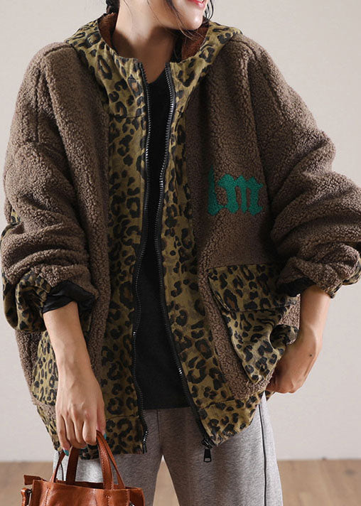 Stylish Brown Hooded Patchwork Leopard Faux Fur Jackets Winter