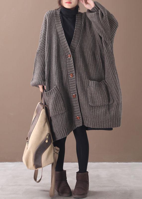 Stylish Chocolate Pockets Button Loose Fall Knitted Coat