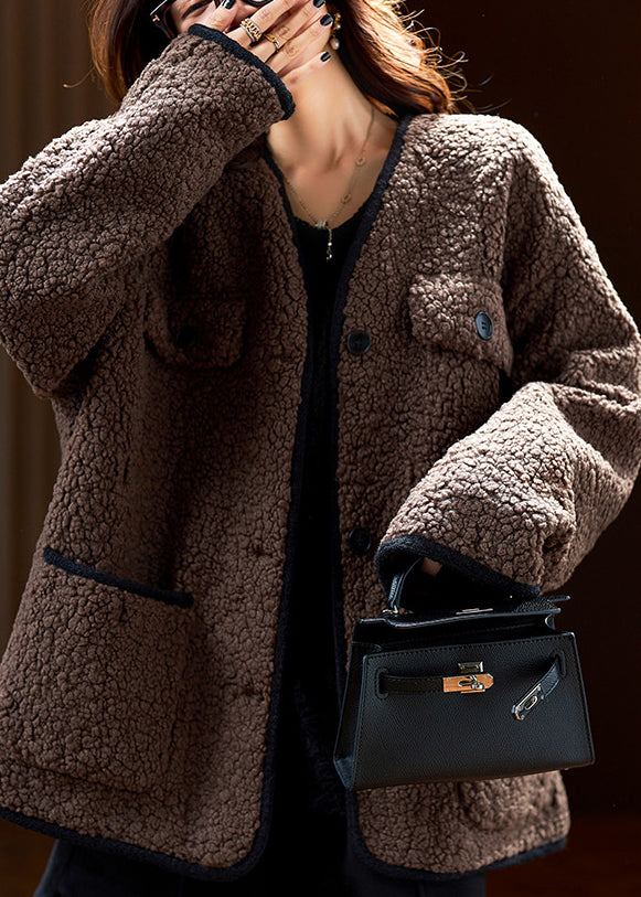 Stylish Coffee Pockets Button Faux Fur Fine Cotton Filled Coat Fall