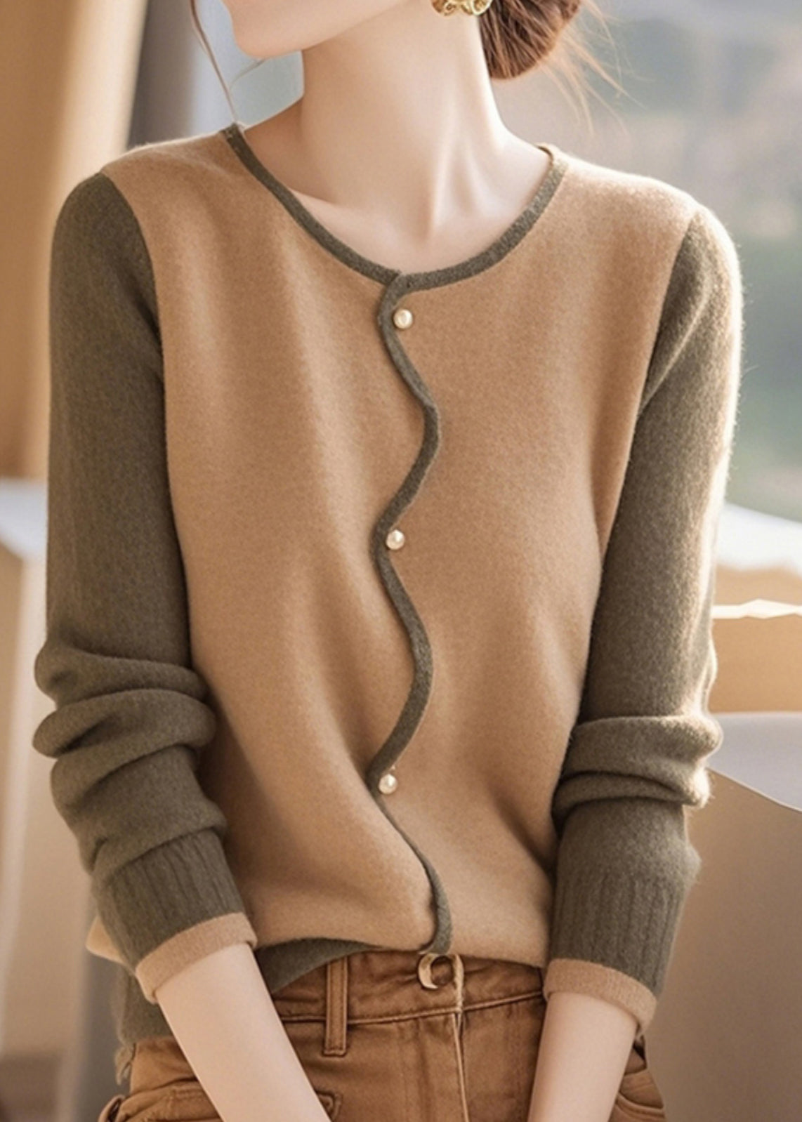 Stylish Colorblock O Neck Button Woolen Cardigans Spring