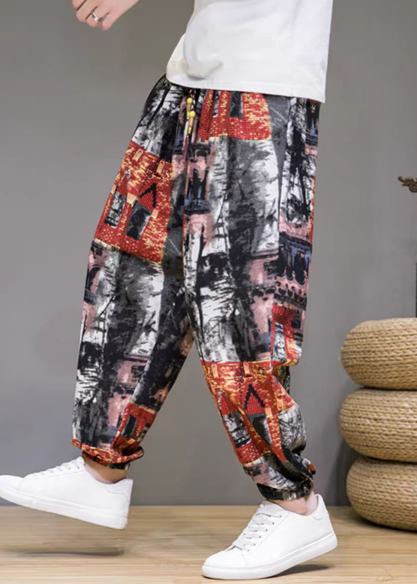 Stylish Colorblock Print Pockets High Waist Cotton Men Beam Pants Summer