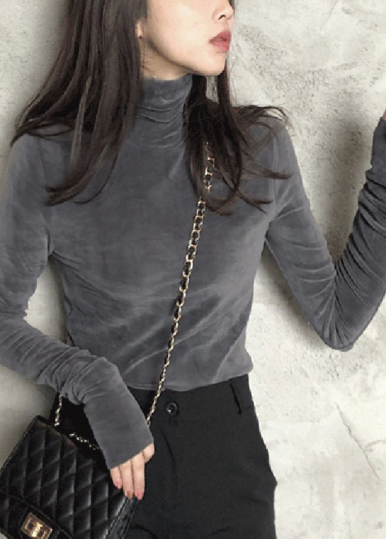 Stylish Dark Gray Turtleneck Warm Fleece Thick Velour Tops Bottoming Shirt