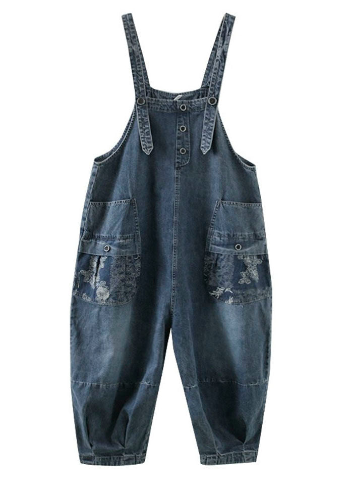 Stylish Denim Blue Slash Neck Print Patchwork Harem Jumpsuit Sleeveless