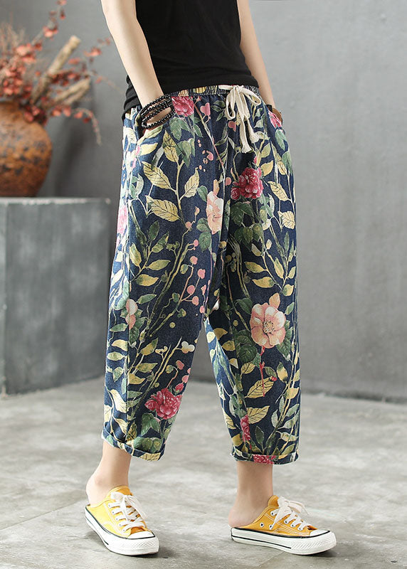 Stylish Drawstring Pockets Print Cotton Denim Pants Summer