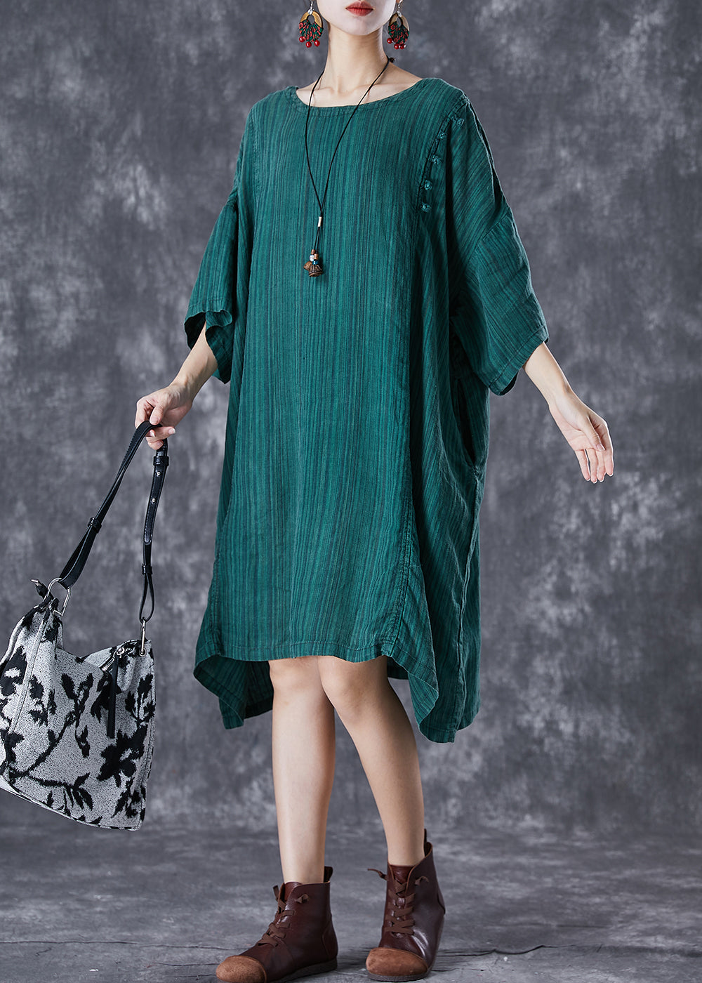 Stylish Dull Green Oversized Striped Linen Dresses Batwing Sleeve