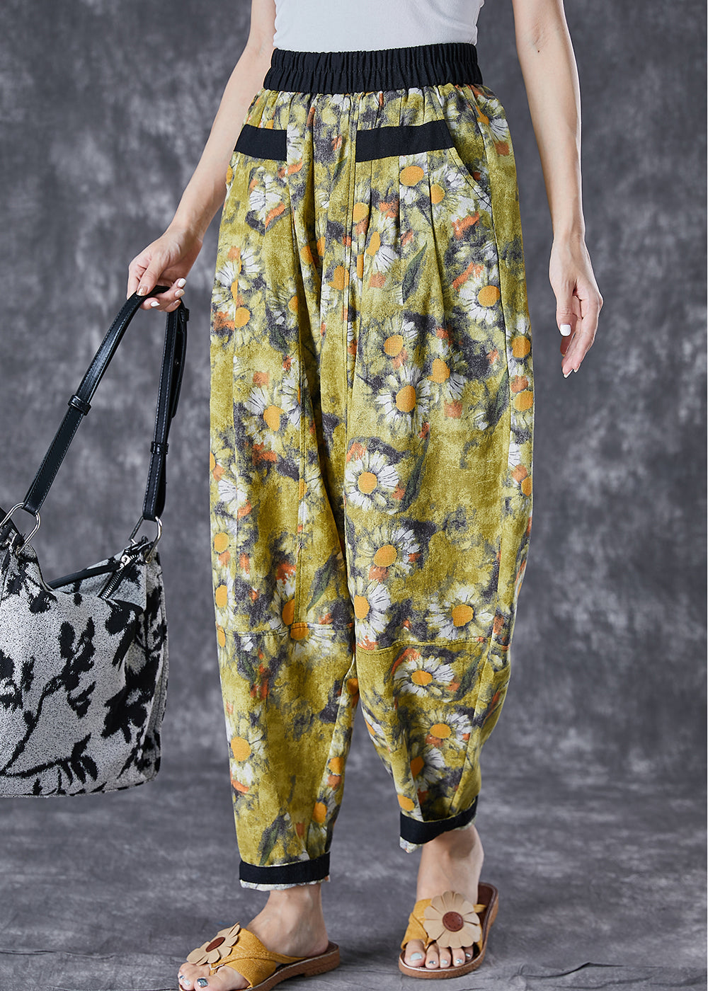 Stylish Green Elastic Waist Patchwork Print Cotton Harem Pants Summer