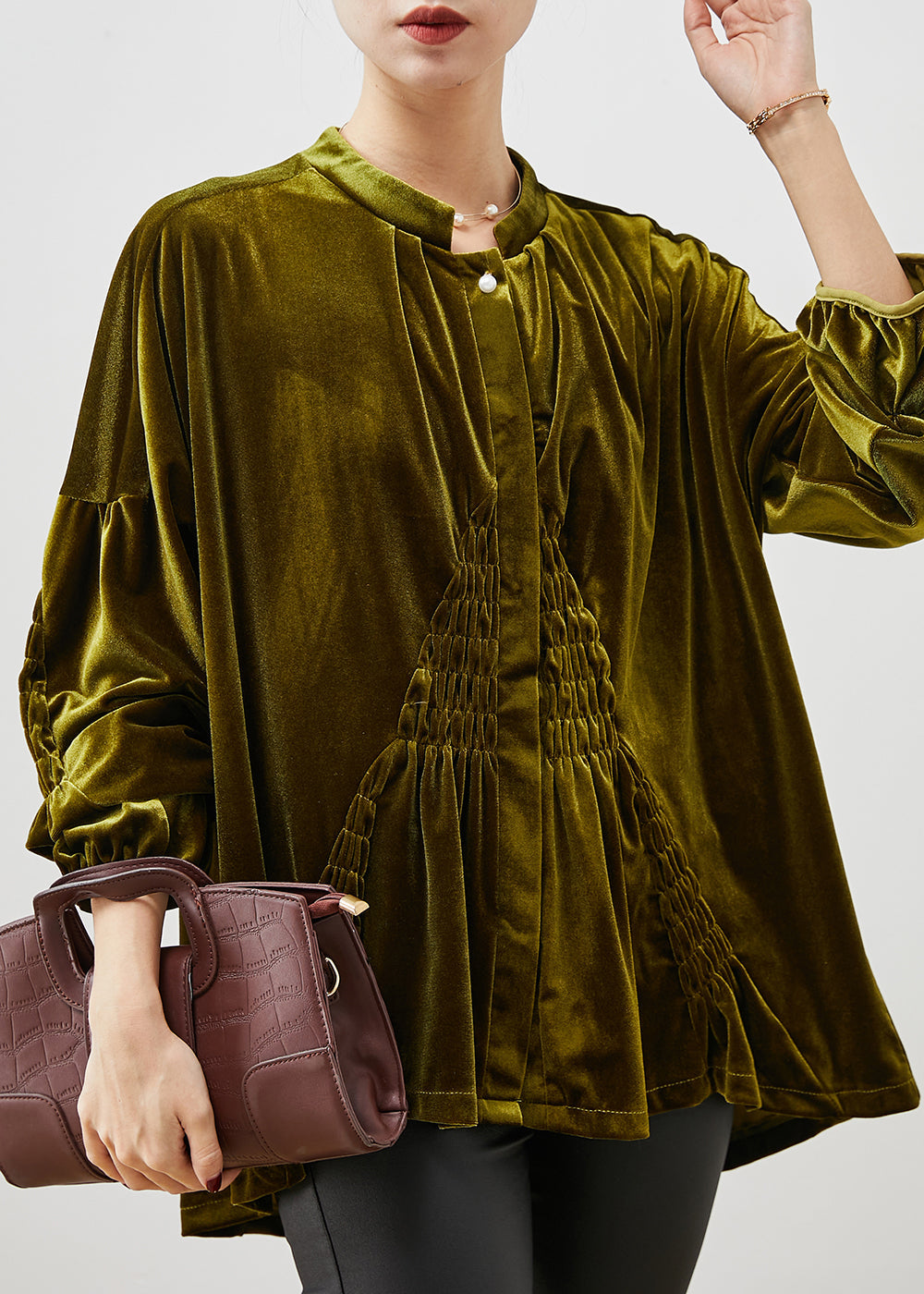 Stylish Army Green Oversized Wrinkled Silk Velour Shirt Spring