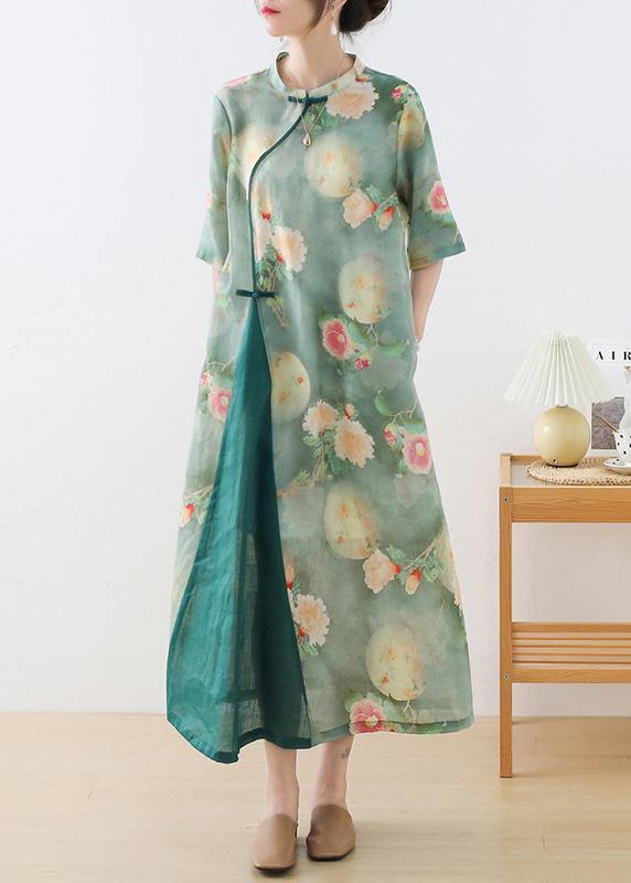 Stylish Green Print O-Neck Asymmetrical Design Dress Summer Ramie