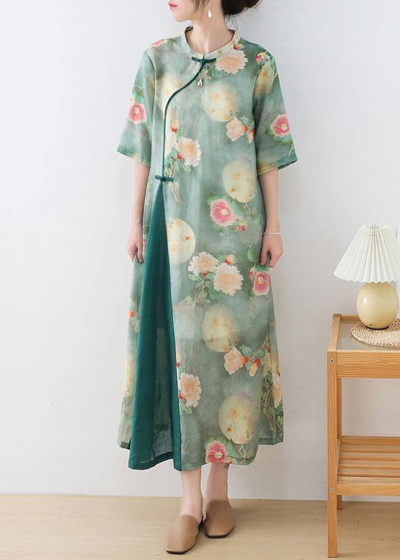 Stylish Green Print O-Neck Asymmetrical Design Dress Summer Ramie