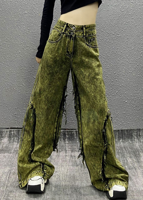 Stylish Green Tasseled Patchwork Denim Wide Leg Pants Spring