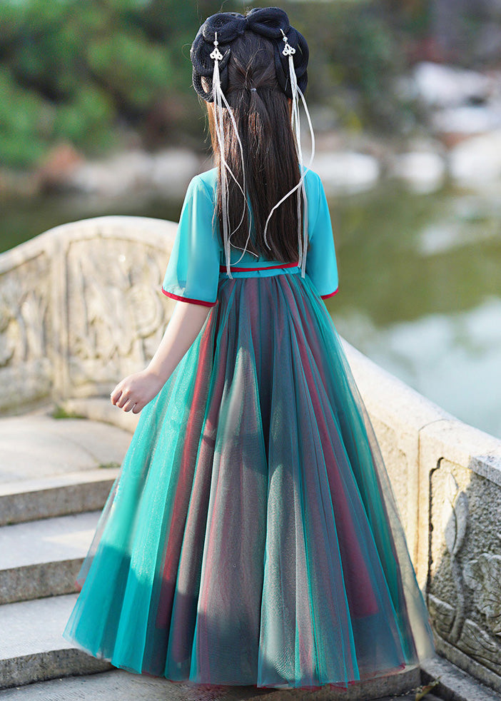 Stylish Green V Neck Embroideried Kids Maxi Dresses Summer