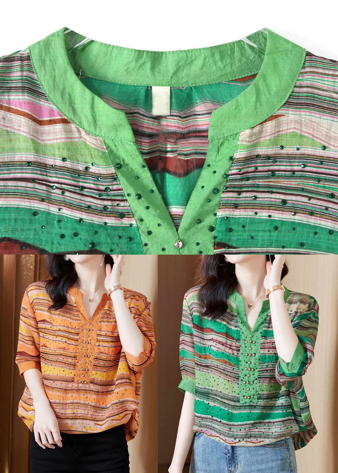 Stylish Green V Neck Striped Print Cotton Shirts Short Sleeve