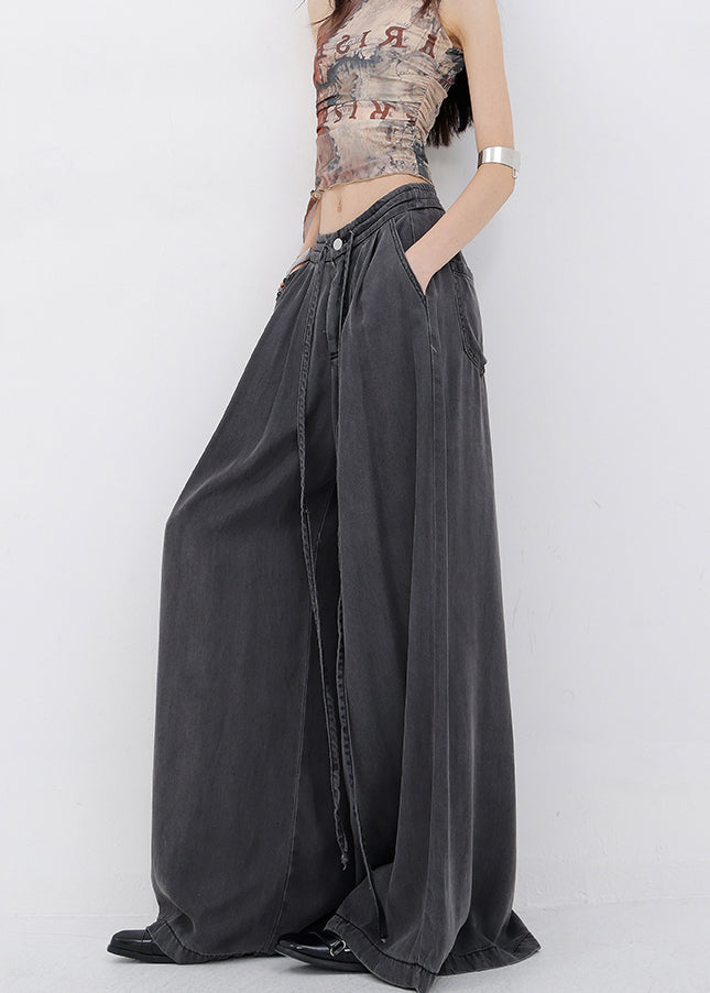 Stylish Grey Pockets Drawstring Denim Wide Leg Pants Summer