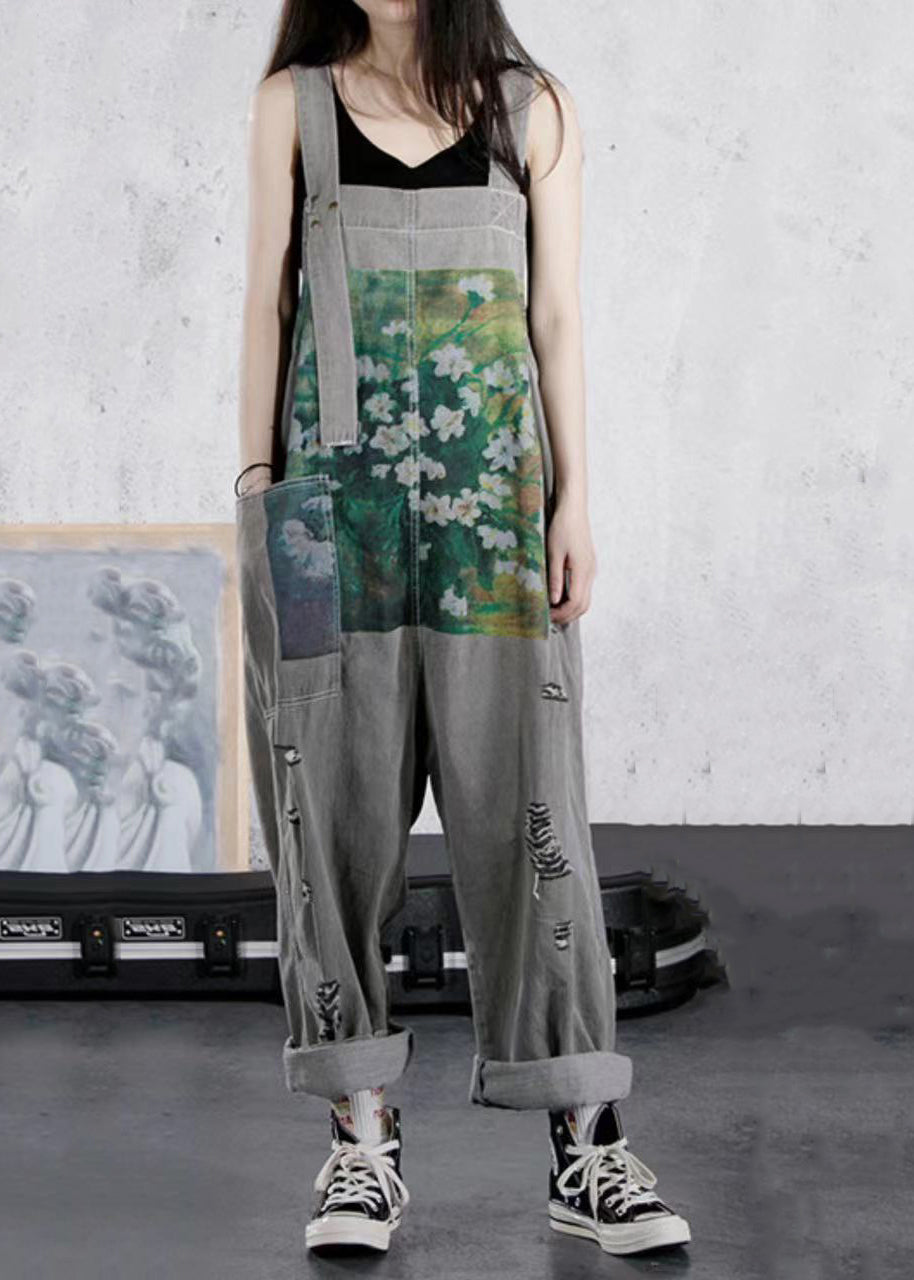 Stylish Grey Print Pockets Denim Ripped Overalls Jumpsuit Spring