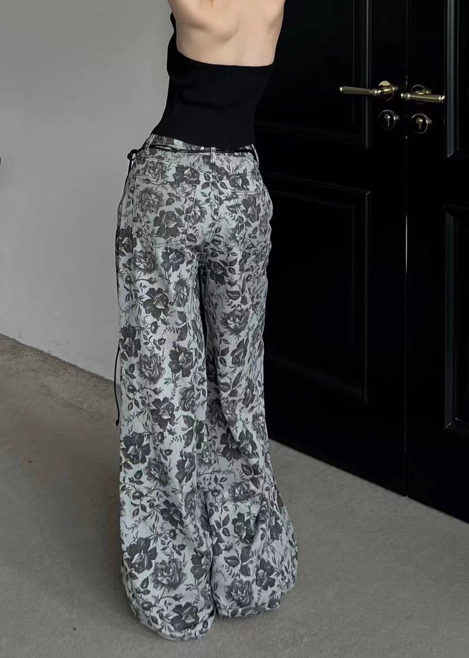 Stylish Grey Print Pockets Denim Wide Leg Pants Fall