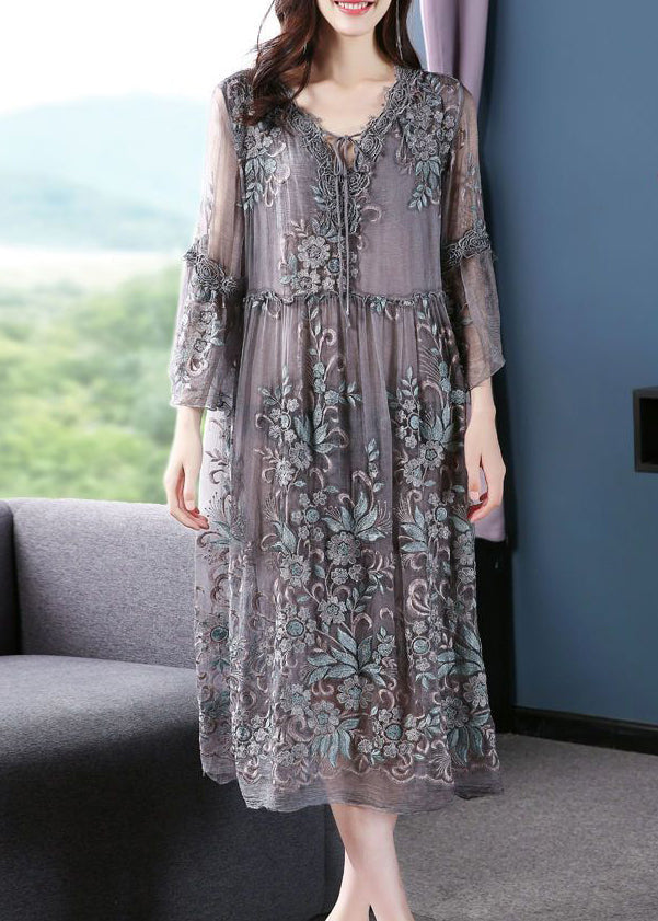 Stylish Grey V Neck Embroideried Lace Up Silk Dress Summer