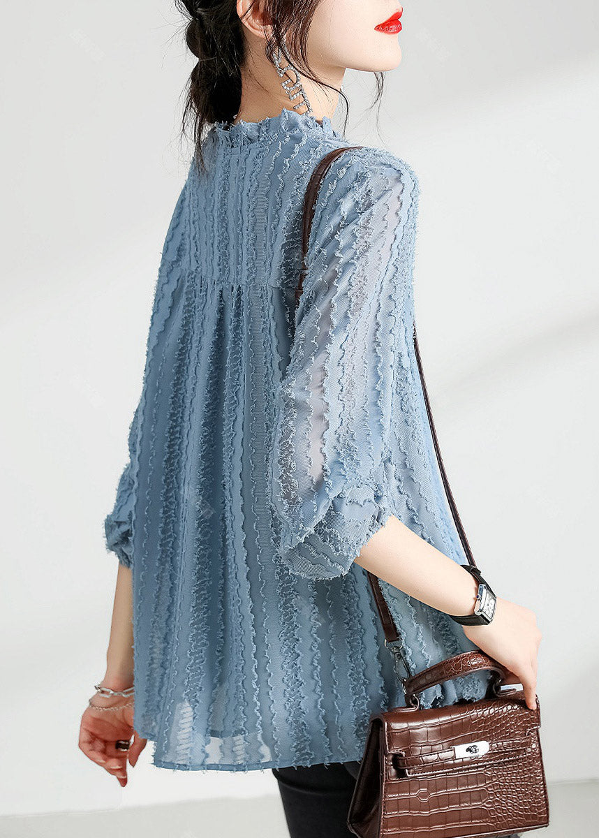 Stylish Haze Blue Ruffled Stand Collar Chiffon Blouse Tops Long Sleeve