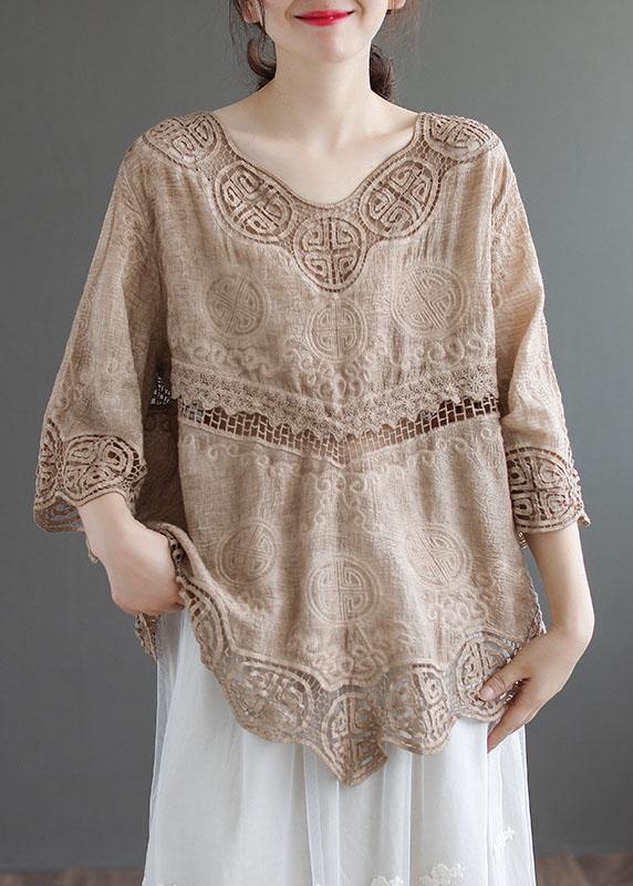 Stylish Khaki O-Neck Embroideried Summer Asymmetrical Design Top