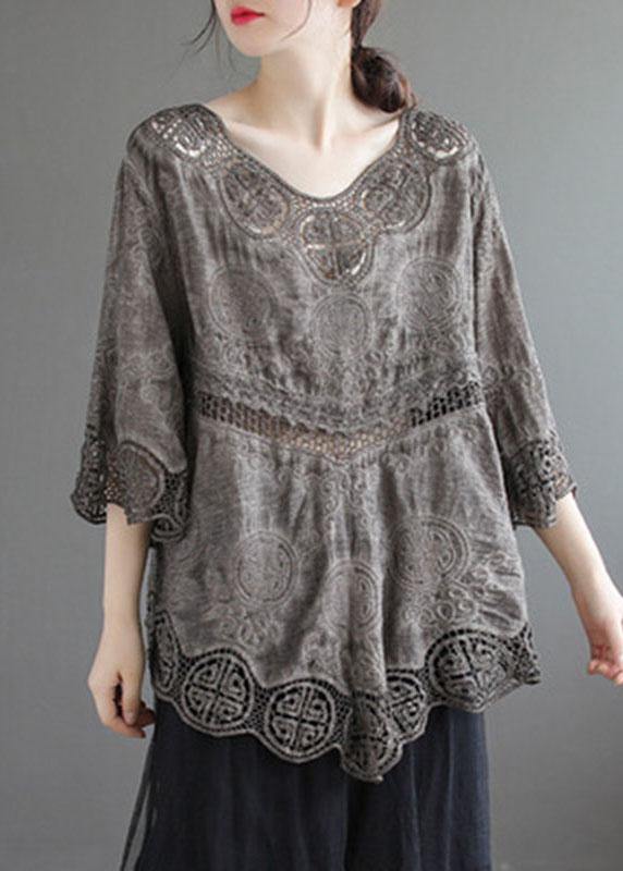 Stylish Khaki O-Neck Embroideried Summer Asymmetrical Design Top