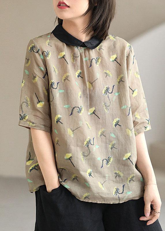 Stylish Khaki Patchwork Pullover Summer Linen Shirt Top Short Sleeve