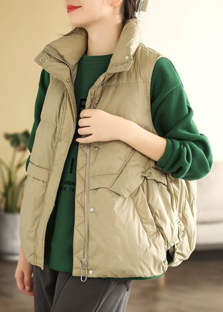 Stylish Khaki Zip Up Patchwork Fine Cotton Filled Vest Sleeveless