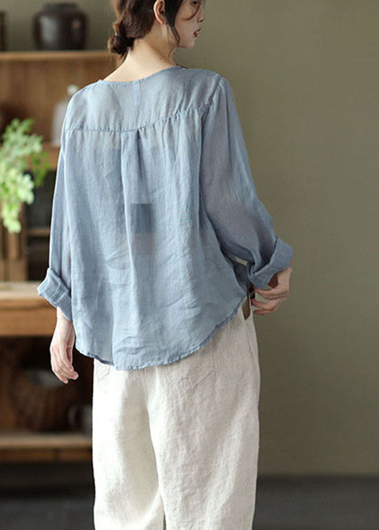 Stylish Lake Blue Embroideried Linen Blouse Tops Long Sleeve