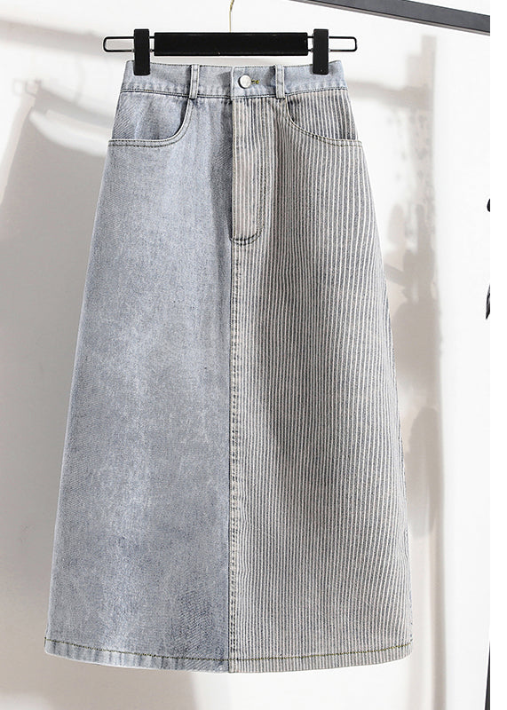 Stylish Light Blue Elastic Waist Patchwork Side Open Denim Skirt Summer