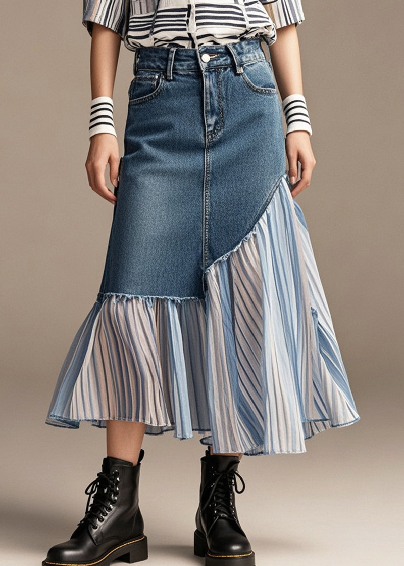 Stylish Navy Asymmetrical Patchwork Denim Pleated Skirt Spring