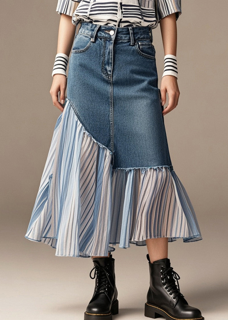 Stylish Navy Asymmetrical Patchwork Denim Pleated Skirt Spring