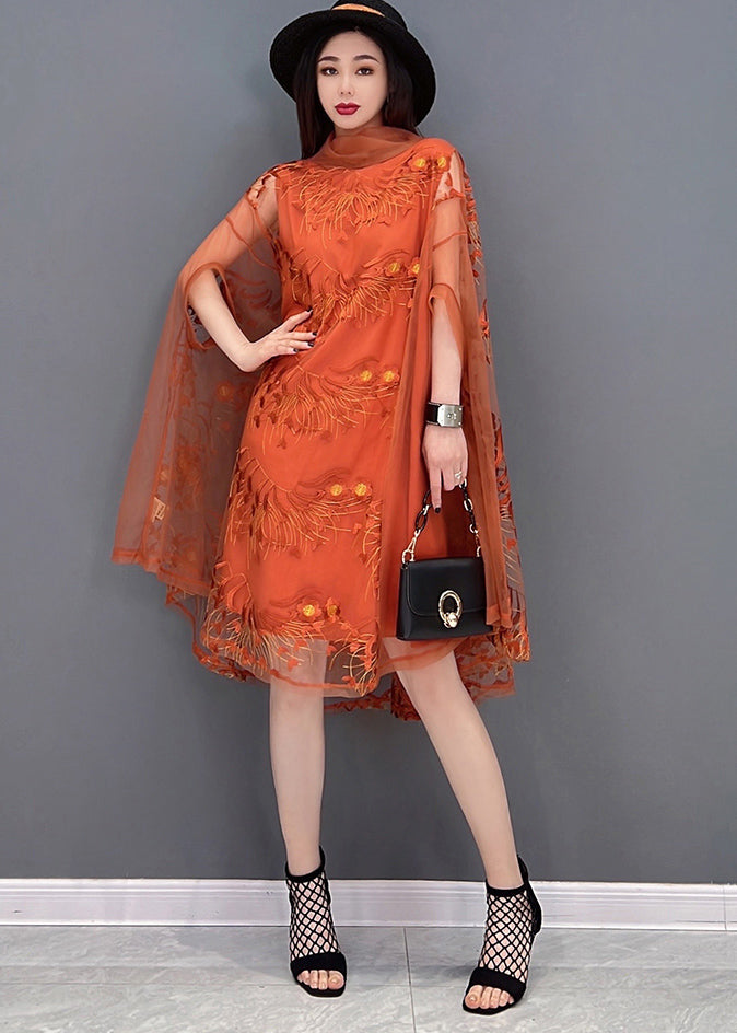 Stylish Orange Embroideried Turtle Neck Tulle UPF 50+ Dress Batwing Sleeve